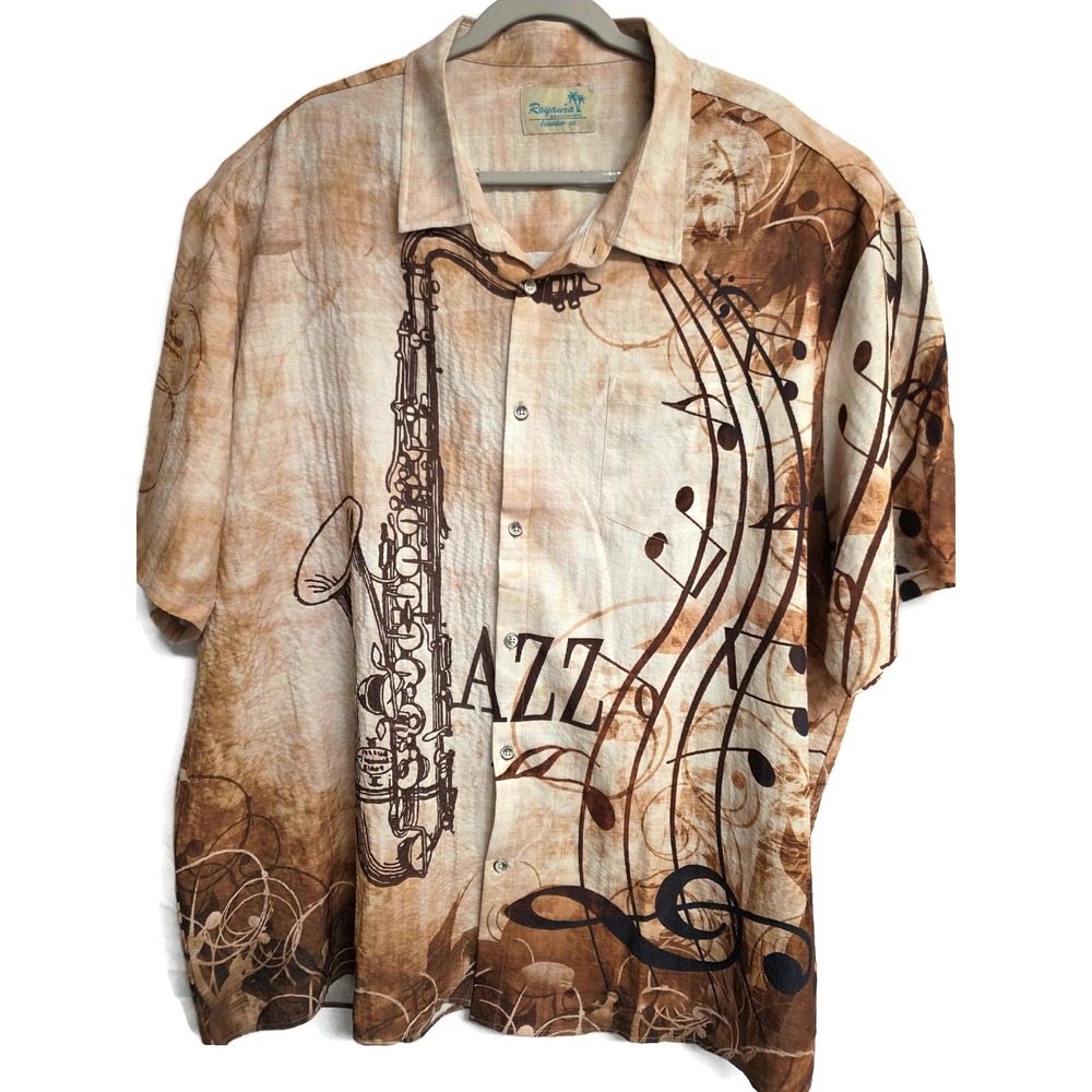 Royaura Mens 4XL Brown Jazz Saxophone Graphic Short Sleeve Button Hawaiian Shirt